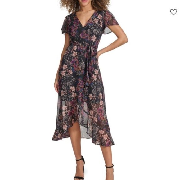 Kensie Floral Chiffon Wrap Dress | Size 14 | Black Multi - Picture 1 of 9